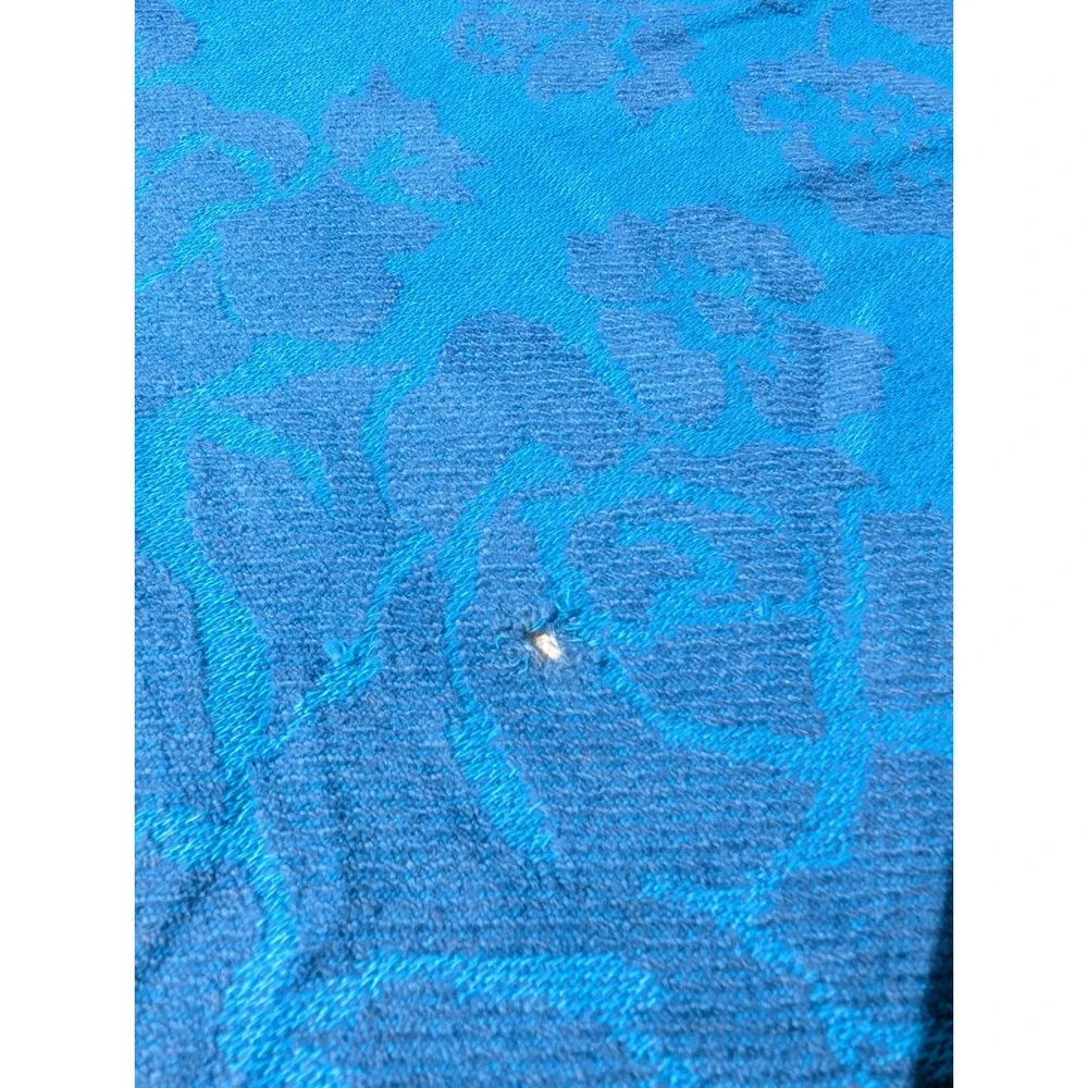 Vintage Royal Blue Rose Pattern Floral Fringed Blanket Bedspread Sofa Cover MCM